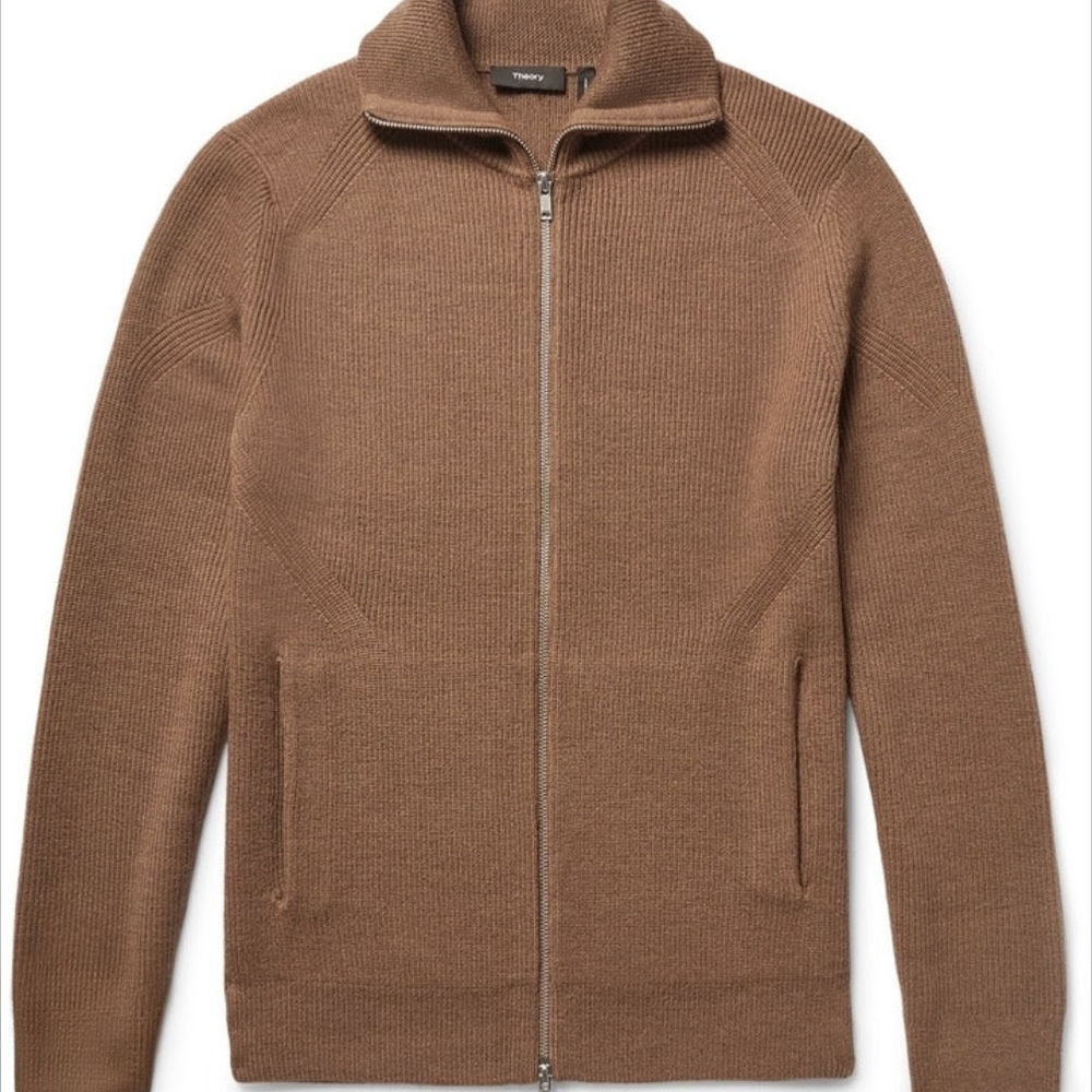 Theory Brown Merino Wool Full-Zip Sweater
